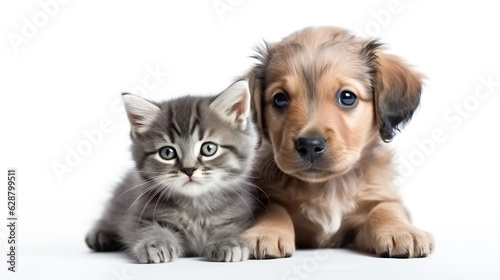 Cute puppy and kitten looking at the camera