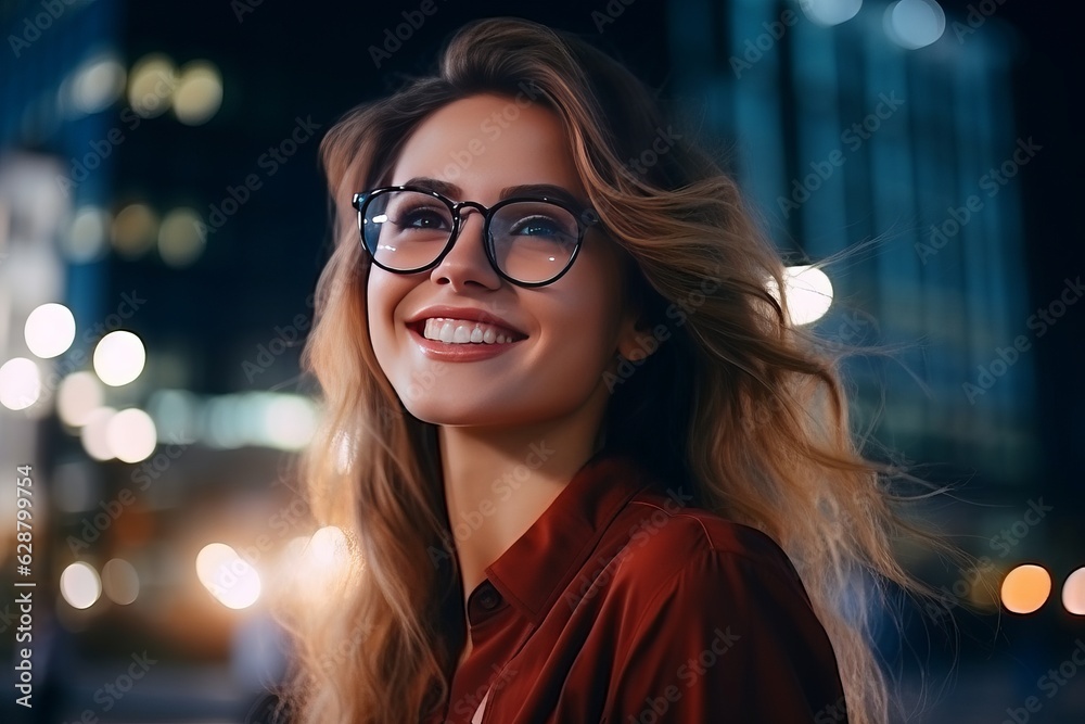 A happy young girl in glasses is smiling in the light of the night city. Free life concept. generative ai. A happy young girl in glasses is smiling in the light of the night city. Free life concept. generative ai.