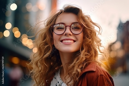 A happy young girl in glasses is smiling in the light of the morning light. Free life concept. generative ai.