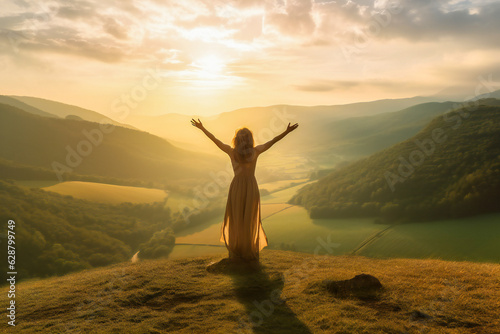 Young woman with arms outstretched on a hillside at sunset