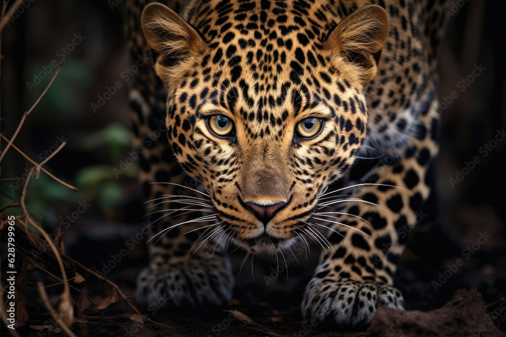 Yellow, big-eyed Leopard sneaking up on the camera. Generative ai