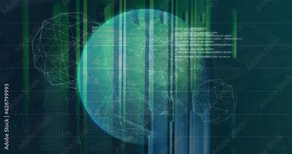 Animation of spinning globe and statistical data processing against computer server room Animation of spinning globe and statistical data processing against computer server room