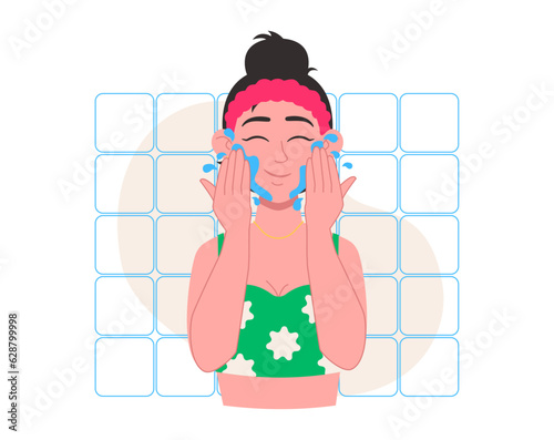 Skin care. Woman washes herself with water or rinses off the product. Vector graphic.