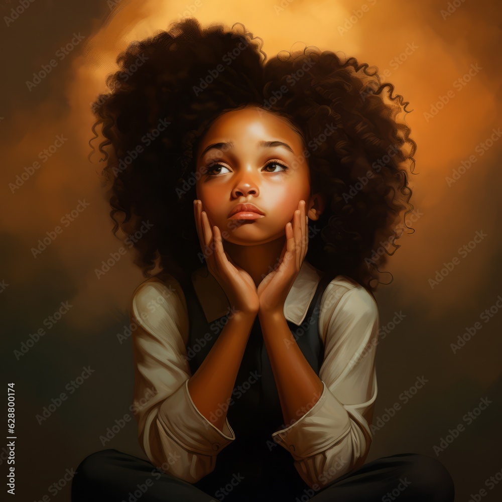 Black girl in thinking and doubts pose photorealistic illustration. Female character with dreamy face on abstract background. Ai generated realistic bright poster. Black girl in thinking and doubts pose photorealistic illustration. Female character with dreamy face on abstract background. Ai generated realistic bright poster.