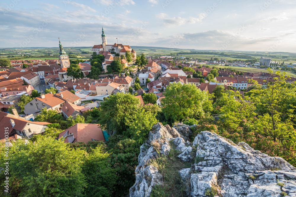 Aerial view on Mikulov town in Czech Republic with Castle and bell tower of Saint Wenceslas Church