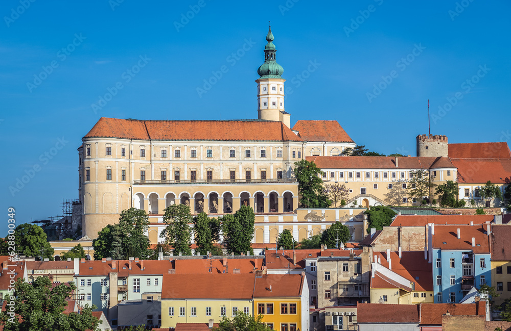Aerial view from Holy Hill on Castle in Old Town of Mikulov in Czech Republic
