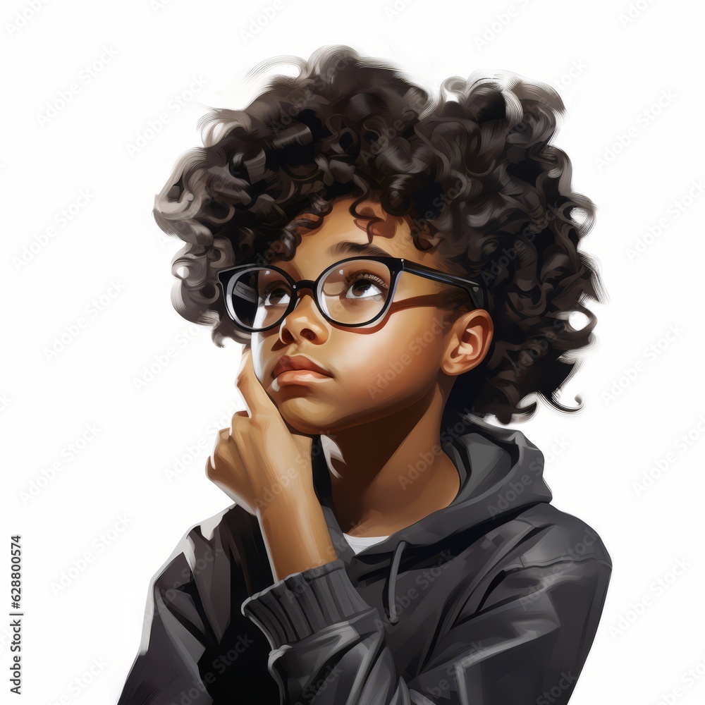 Black girl in thinking and doubts pose oil painted illustration. Female character with dreamy face on abstract background. Ai generated acrylic canvas bright poster. Black girl in thinking and doubts pose oil painted illustration. Female character with dreamy face on abstract background. Ai generated acrylic canvas bright poster.