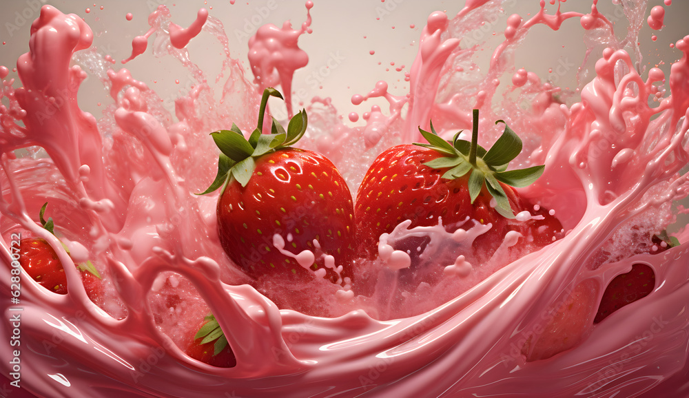 3d illustration of strawberry yogurt splash created with Generative AI technology 3d illustration of strawberry yogurt splash created with Generative AI technology