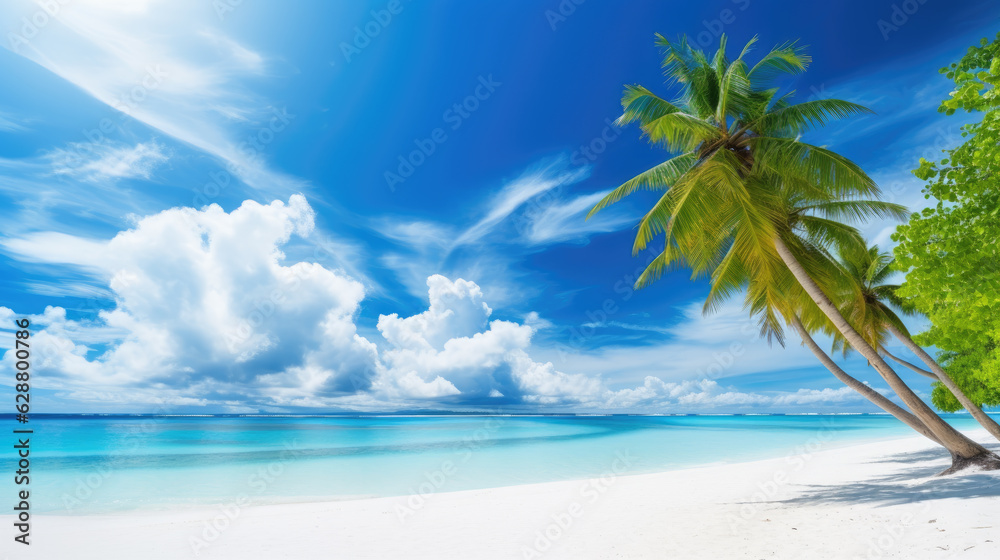 White sand and cloudy blue sky, beautiful tropical palm trees beach background. Generative ai