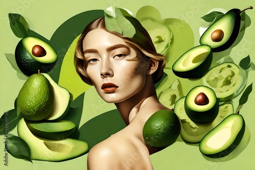 modern cutout collage of avocados and avocado slices and a woman editorial style for a magazine cover.