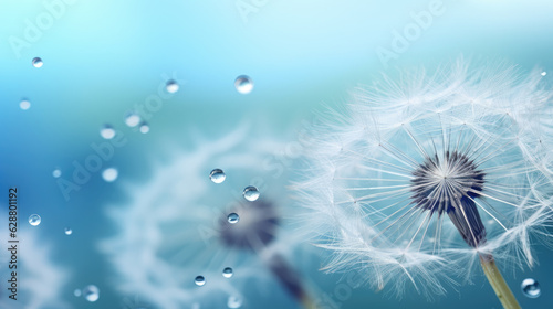 White Dandelion seeds and small grains of water around close-up light blue background. Generative ai