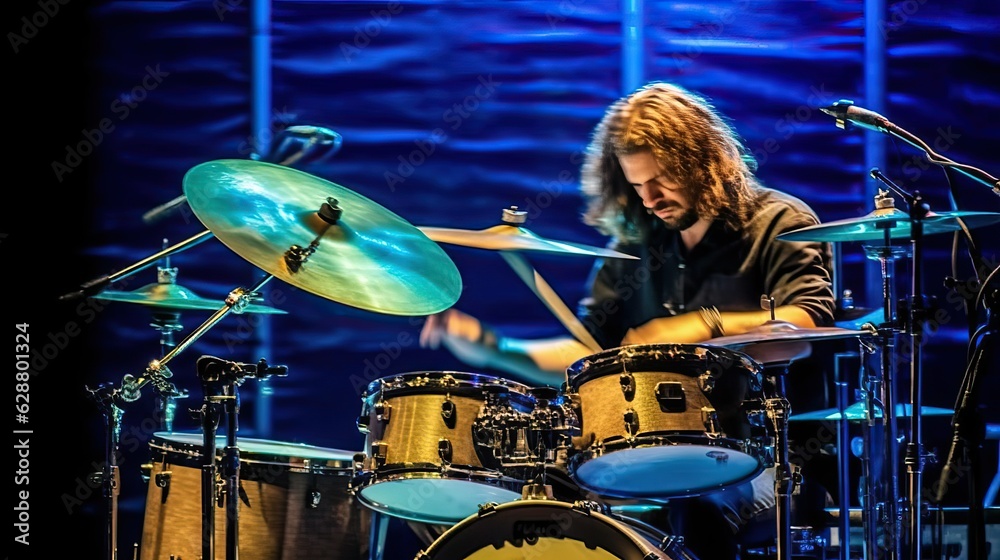 Fototapeta premium Drummer in motion capturing, movement shot of rock band musician