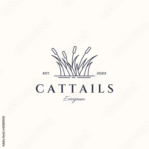 natural cattail line art logo vector minimalist illustration design, simple cattails botanical logo design