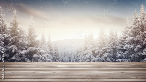 Winter christmas scene snowy trees wooden floor sunny defocused background with copy space.. Generative ai © LFK