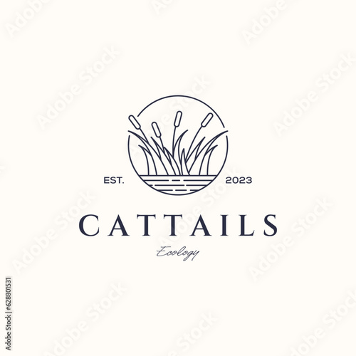 Fototapeta Naklejka Na Ścianę i Meble -  cattails garden line art logo vector minimalist illustration design, landscape view of cattails plant logo design