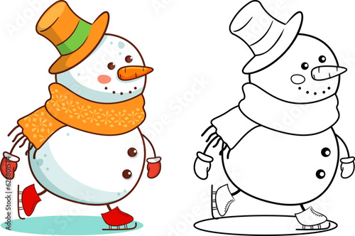 Snowman coloring page for kids. Vector illustration.