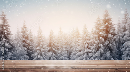 Winter christmas scene snowy trees wood floor snowflakes background with copy space.. Generative ai © LFK