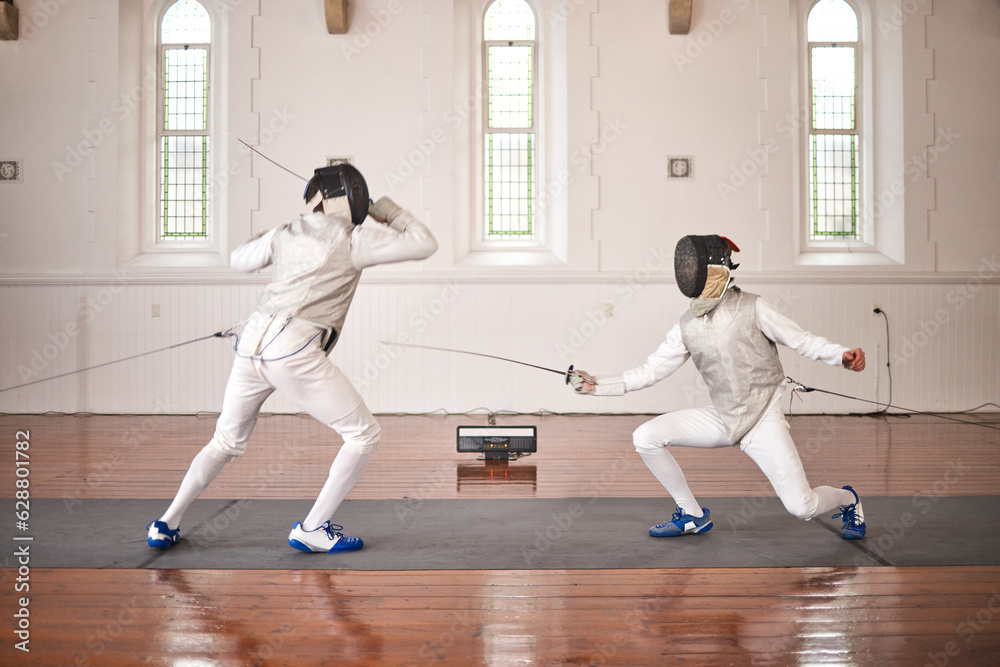People, training and fighting in fencing competition, duel or combat with martial arts fighter and athlete with a sword and weapon. Warrior, blade and couple in creative fight, exercise or fitness
