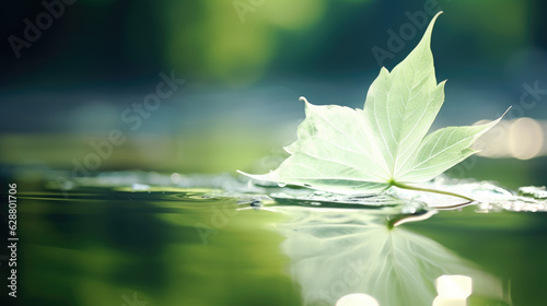 White transparent leaf green hues background on mirror surface with reflection. Generative ai