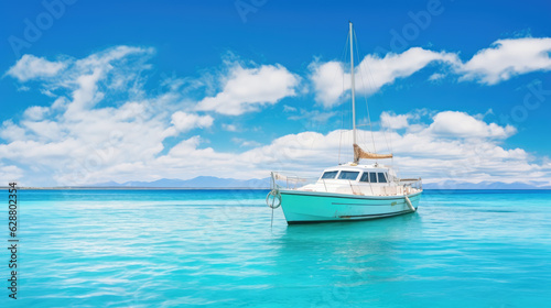 White boat background in turquoise ocean water against blue sky with white. Generative ai