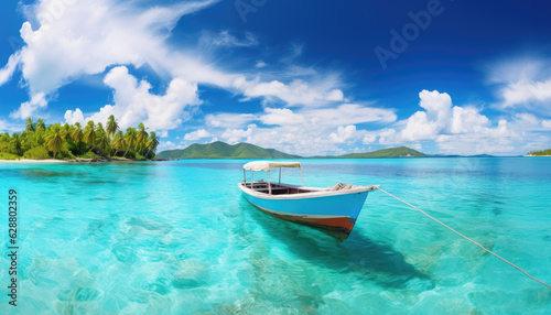 White boat background on turquoise sea against sky and palm trees, holiday concept. Generative ai © LFK