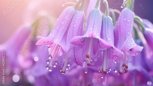 Water drops dripping from bright lilac campanula hanging upside down. Generative ai