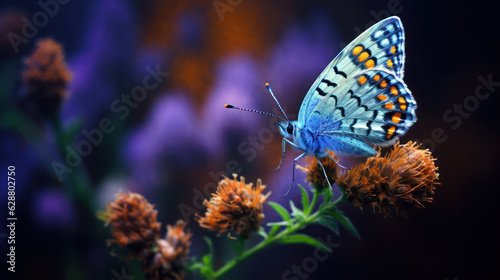 Close up colorful butterfly on a stem of flowers in the style © tashechka