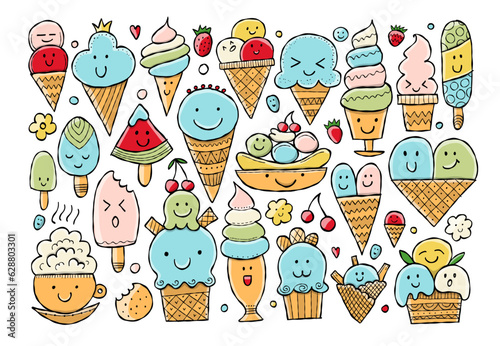 Ice cream characters. Kawaii style. Horizontal frame for your design
