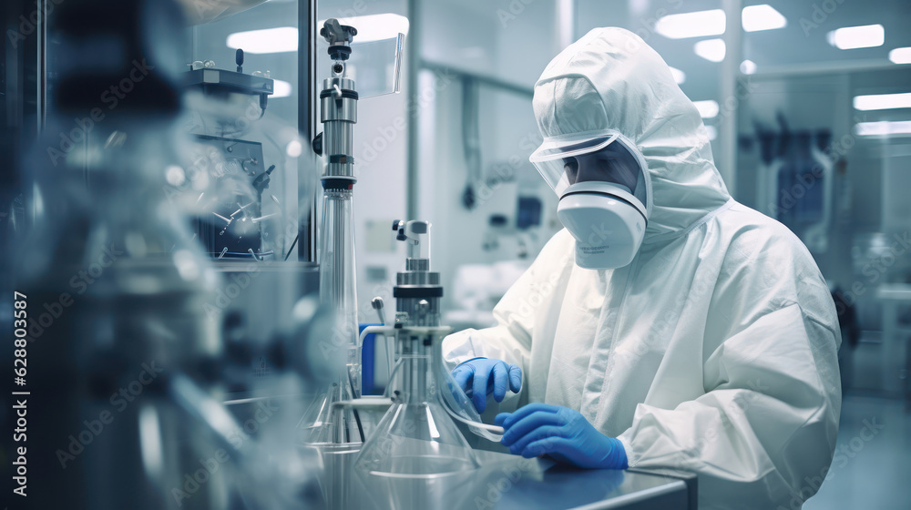 A man in protective clothing working on equipment. Pharmaceautical clean room, industrial design, large scale chemical production in controlled sterile conditions A man in protective clothing working on equipment. Pharmaceautical clean room, industrial design, large scale chemical production in controlled sterile conditions