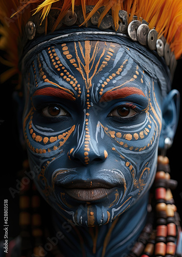 Portrait of a Tribal Man with Vibrant Face Paint-Decorative Headwear