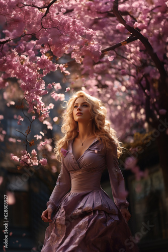 Beautiful blond woman walking under rose blossoms