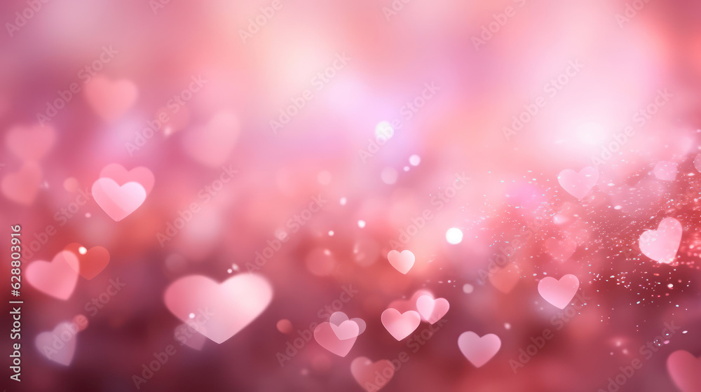 Abstract background with hearts and light shine particles bokeh on pink background.