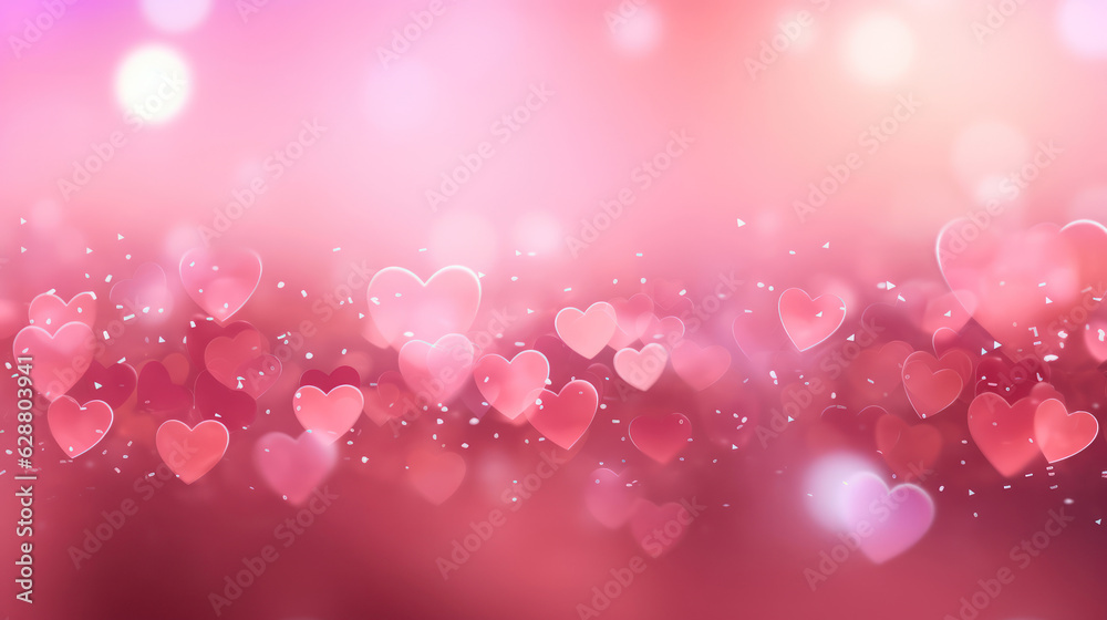 Abstract background with hearts and light shine particles bokeh on pink background.