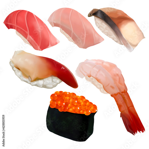 Sushi set included maguro sushi, toro sushi, saba sushi, hokkikai sushi, Amaebi sushi and ikura sushi hand draw and paint, png files for decoration or online advertising  photo