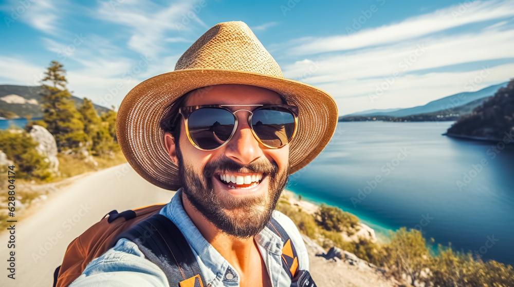 happy smiling male tourist in sunglasses and hat taking selfie in nature by the lake, made with Generative AI - obrazy, fototapety, plakaty 