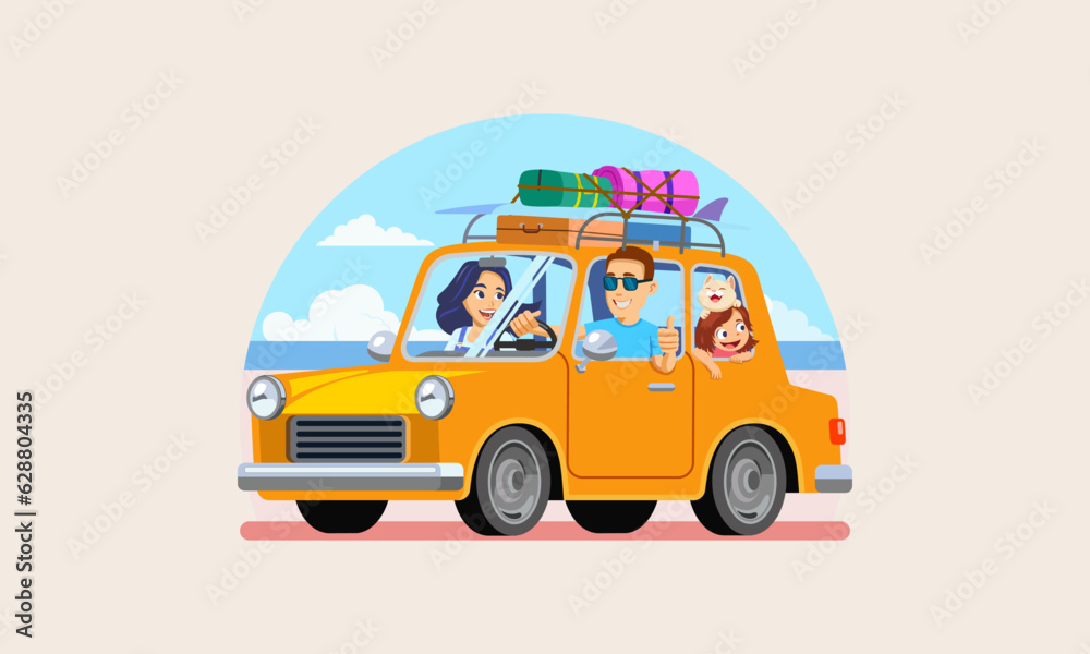 happy family Traveling by car to the sea, vector illustration