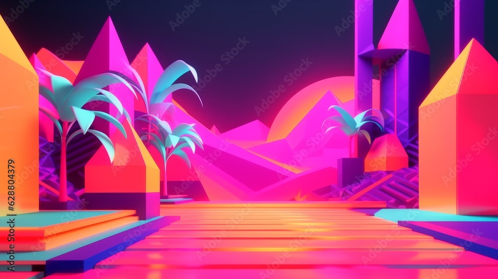 Fototapeta premium Neon Tropical Synthwave Theme 3D Abstract Background