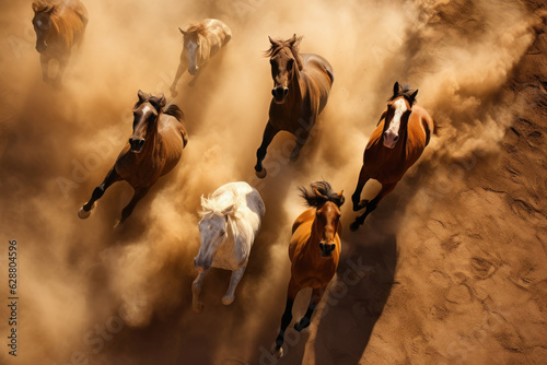 Top angle shot of a herd of horses running on the sand in the dust looking at the camera. Generative ai photo