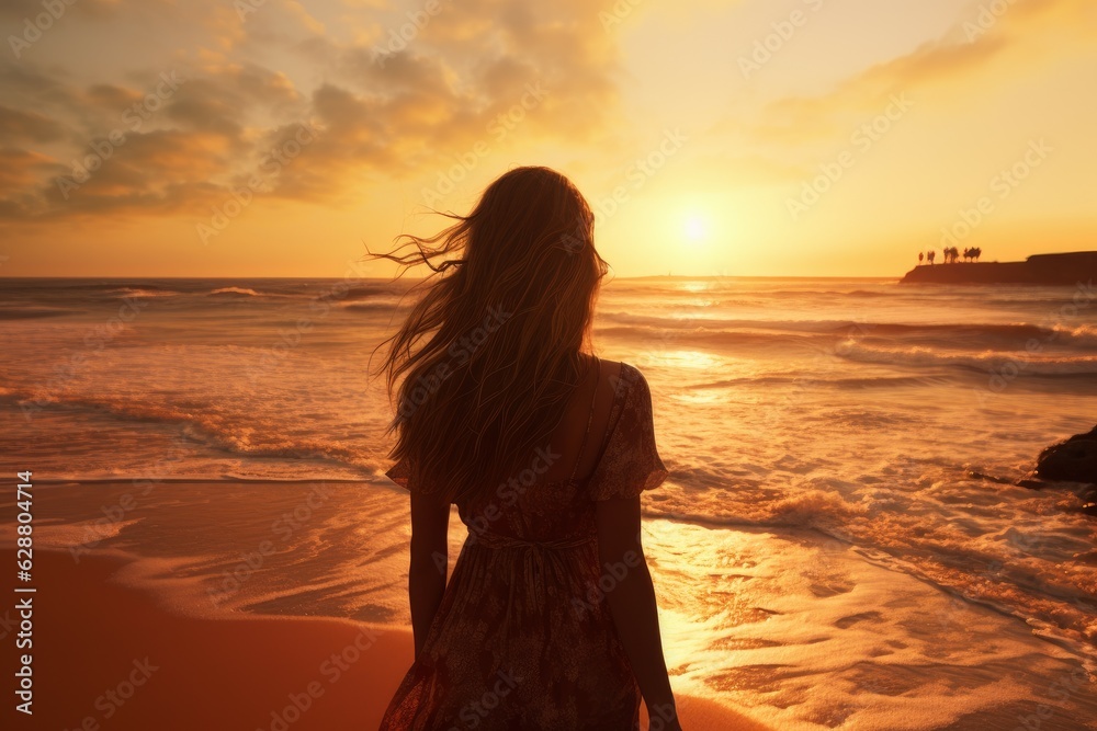 Fototapeta premium Girl on beach sunset wave. Generate Ai