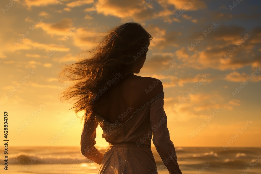 Girl on beach sunset romantic. Generate Ai