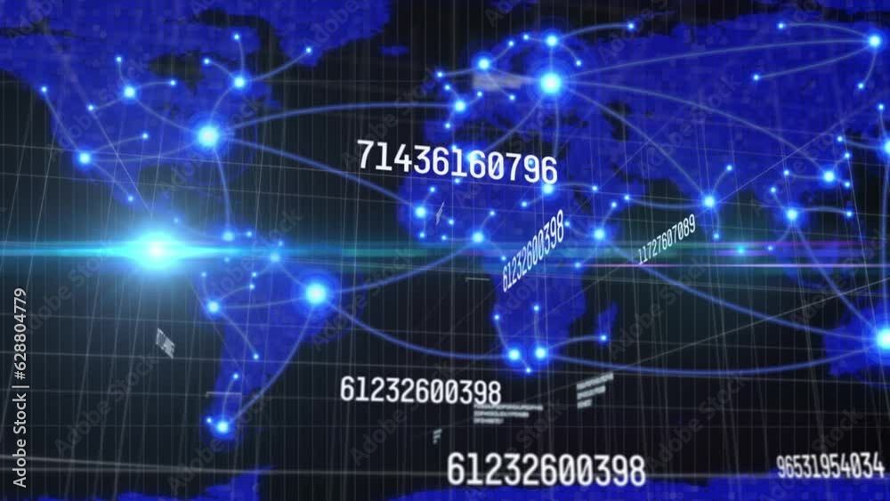 Animation of illuminated dots connected with lines on digital map with cryptography Animation of illuminated dots connected with lines on digital map with cryptography