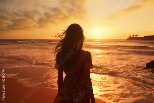 Girl on beach sunset wave. Generate Ai