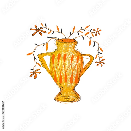 Orange vase with autumn flowers. Stylized colored doodle pencil drawing. Digital illustration.