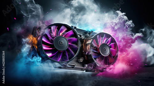 Dynamic shot of a GPU with visible spinning cooling fans with colorful smoke photo