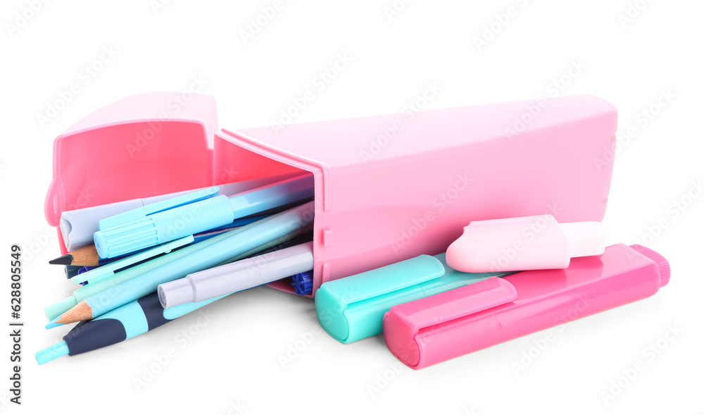 Pink pencil case with different stationery on white background Pink pencil case with different stationery on white background