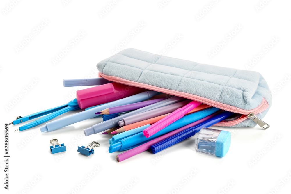 Pencil case with different stationery on white background Pencil case with different stationery on white background