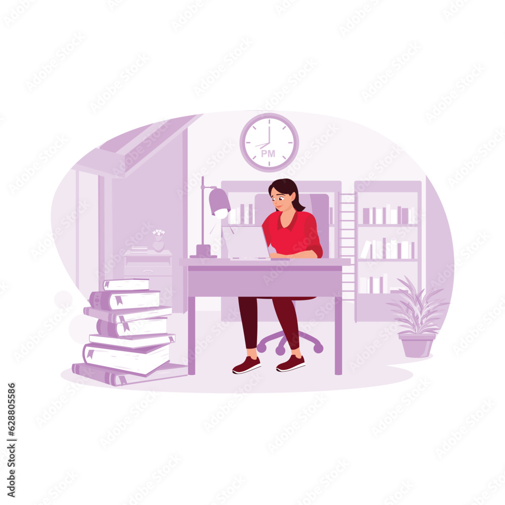 Beautiful woman working overtime and tired at work routine. Trend Modern vector flat illustration