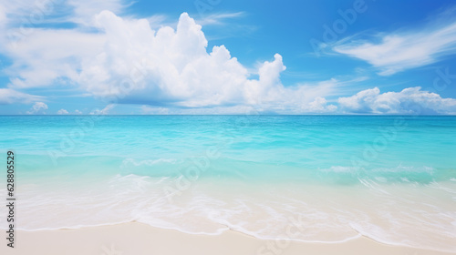 Summer concept background with blue sky and white sand beach. Generative ai