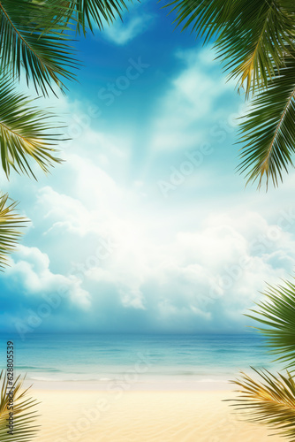 Summer concept background in a frame of tropical leaves. Generative ai
