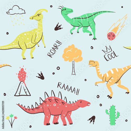 childish dinosaur seamless pattern for fashion clothes, fabric, t shirts. hand drawn vector with lettering.